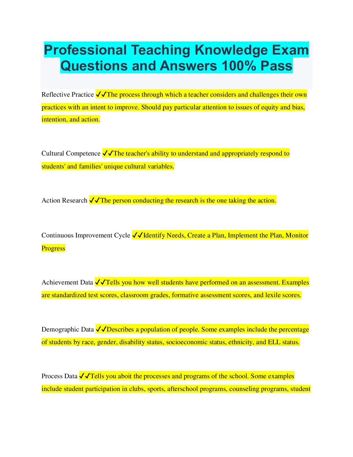 Preview image of Professional Teaching Knowledge Exam Questions and Answers 100% Pass document